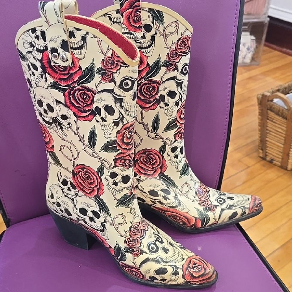 Bit & Bridle Cream and Red Heeled Boots with Floral Gothic Design